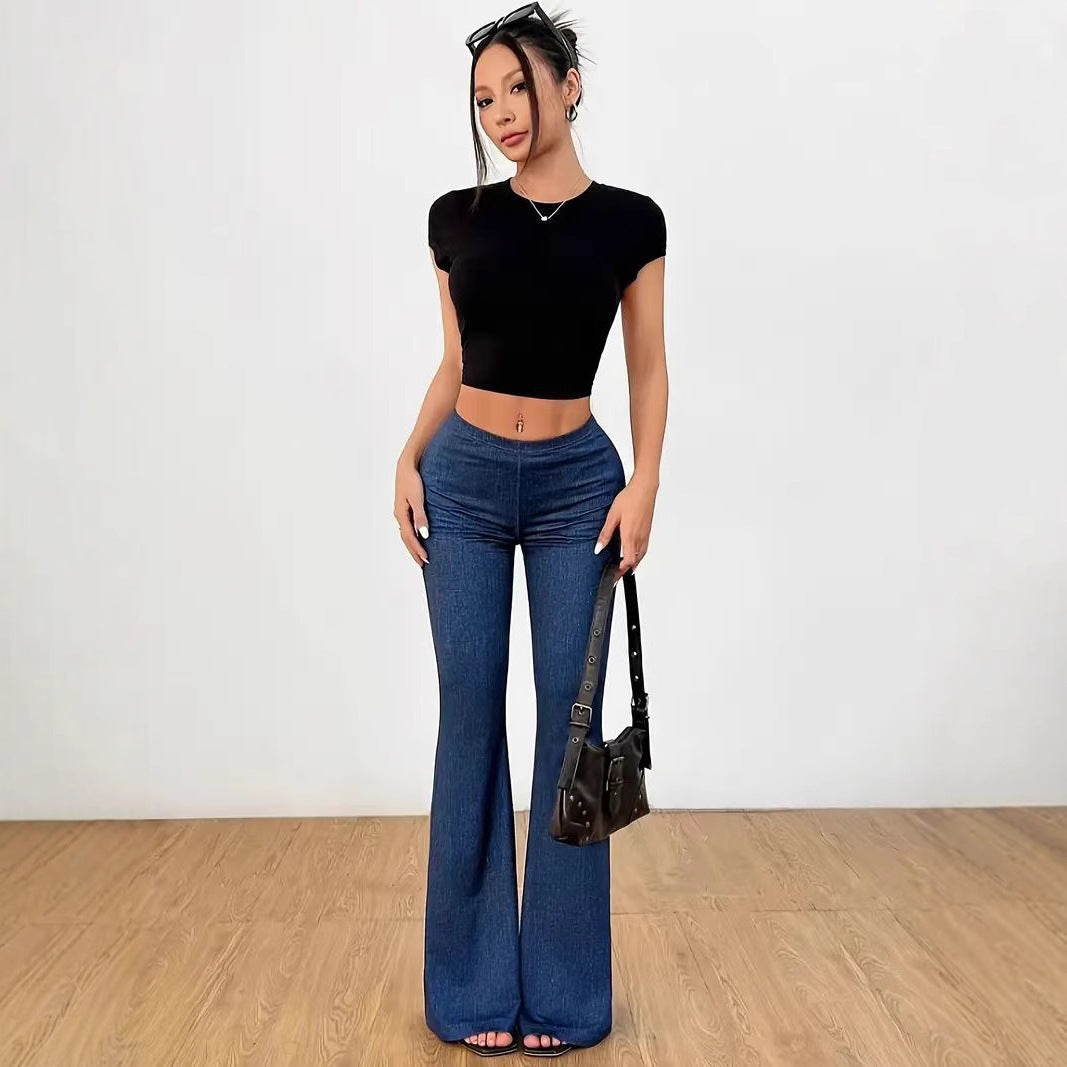 High-Waist Denim-Print Flare Bell-Bottom Pants