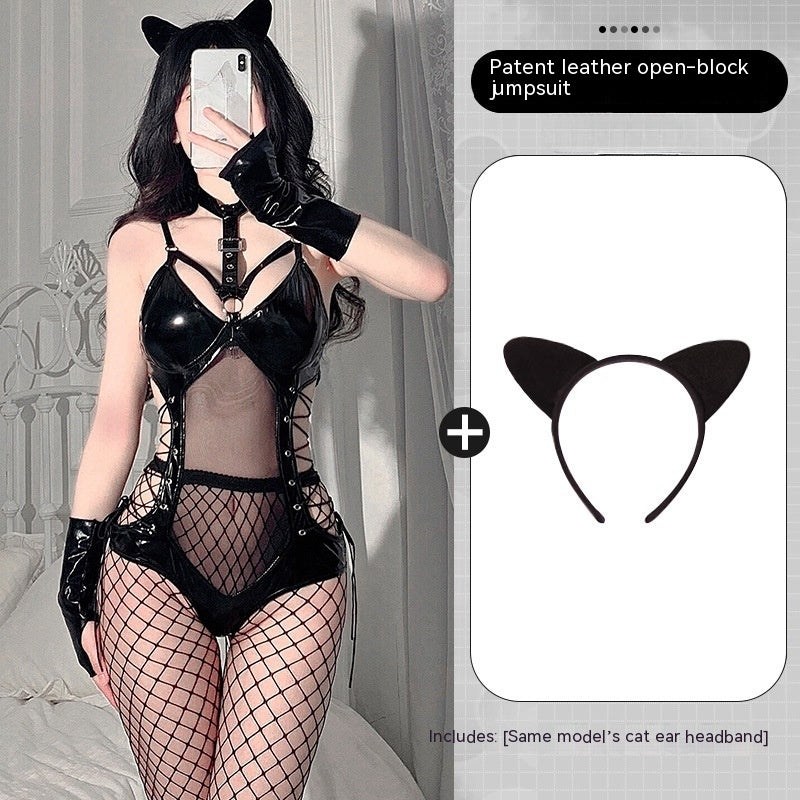 The Midnight Edge Patent-Look Lace-Up Lingerie Bodysuit