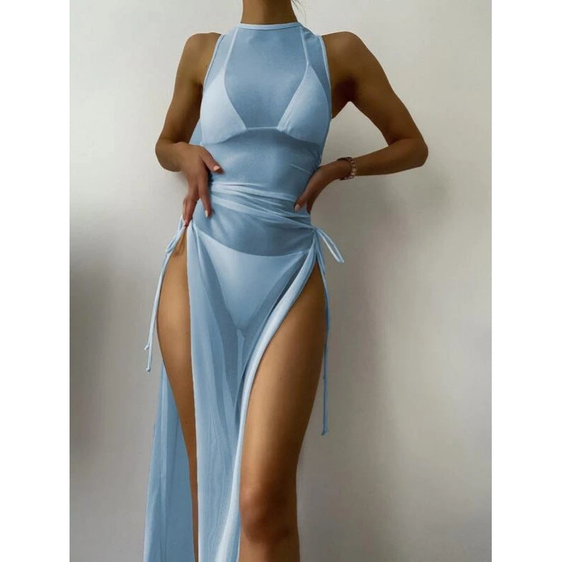 Solid Color Bikini Set with Maxi Dress Cover-Up | Women's Three-Piece Swimwear