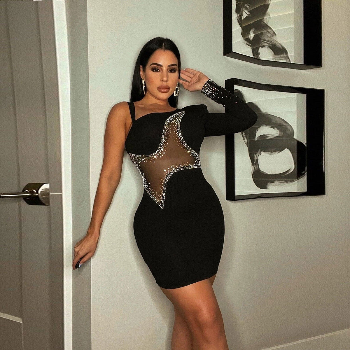 Crystal Dreams One-Shoulder Rhinestone Mesh Cutout Bodycon Mini Dress