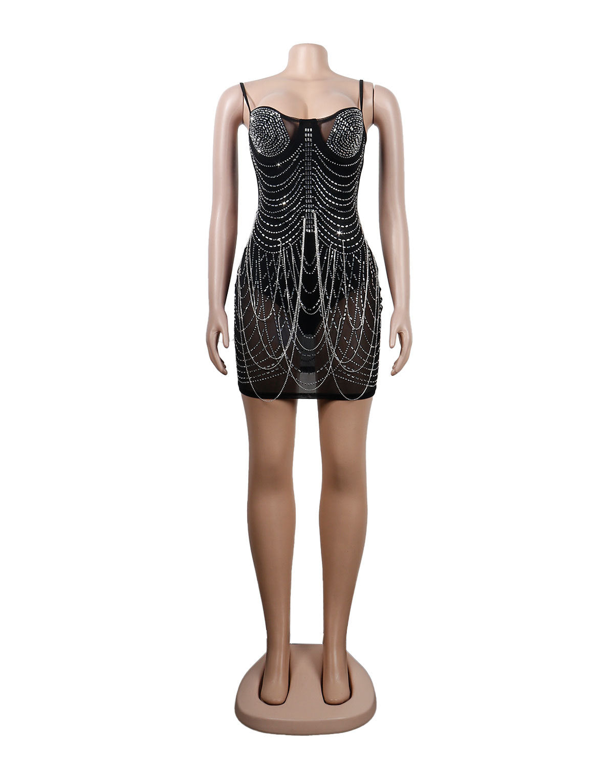 Rhinestone Bust Draped Chain Fringe Tassel Bodycon Mini Dress