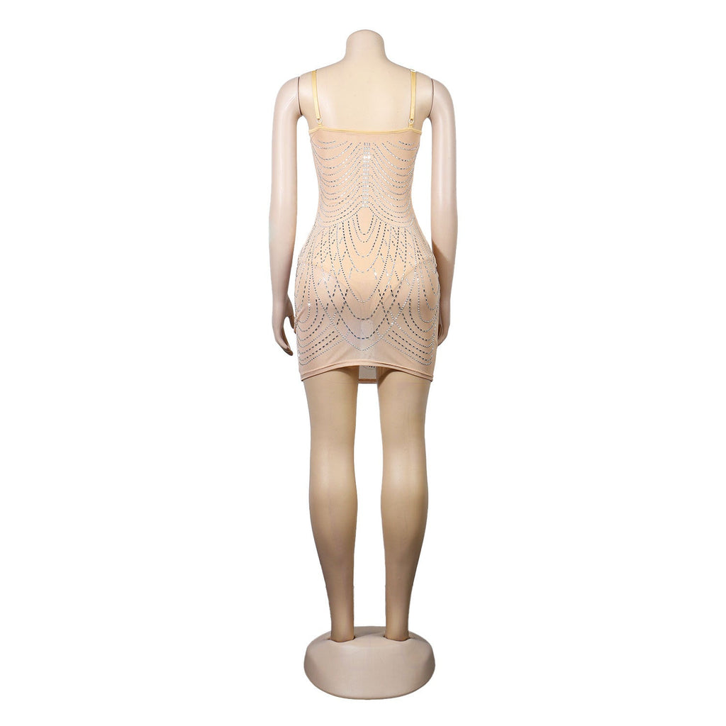 Rhinestone Bust Draped Chain Fringe Tassel Bodycon Mini Dress