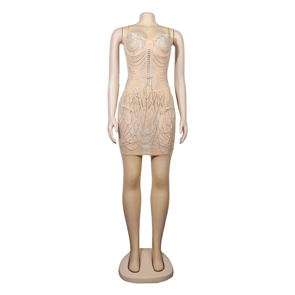 Rhinestone Bust Draped Chain Fringe Tassel Bodycon Mini Dress