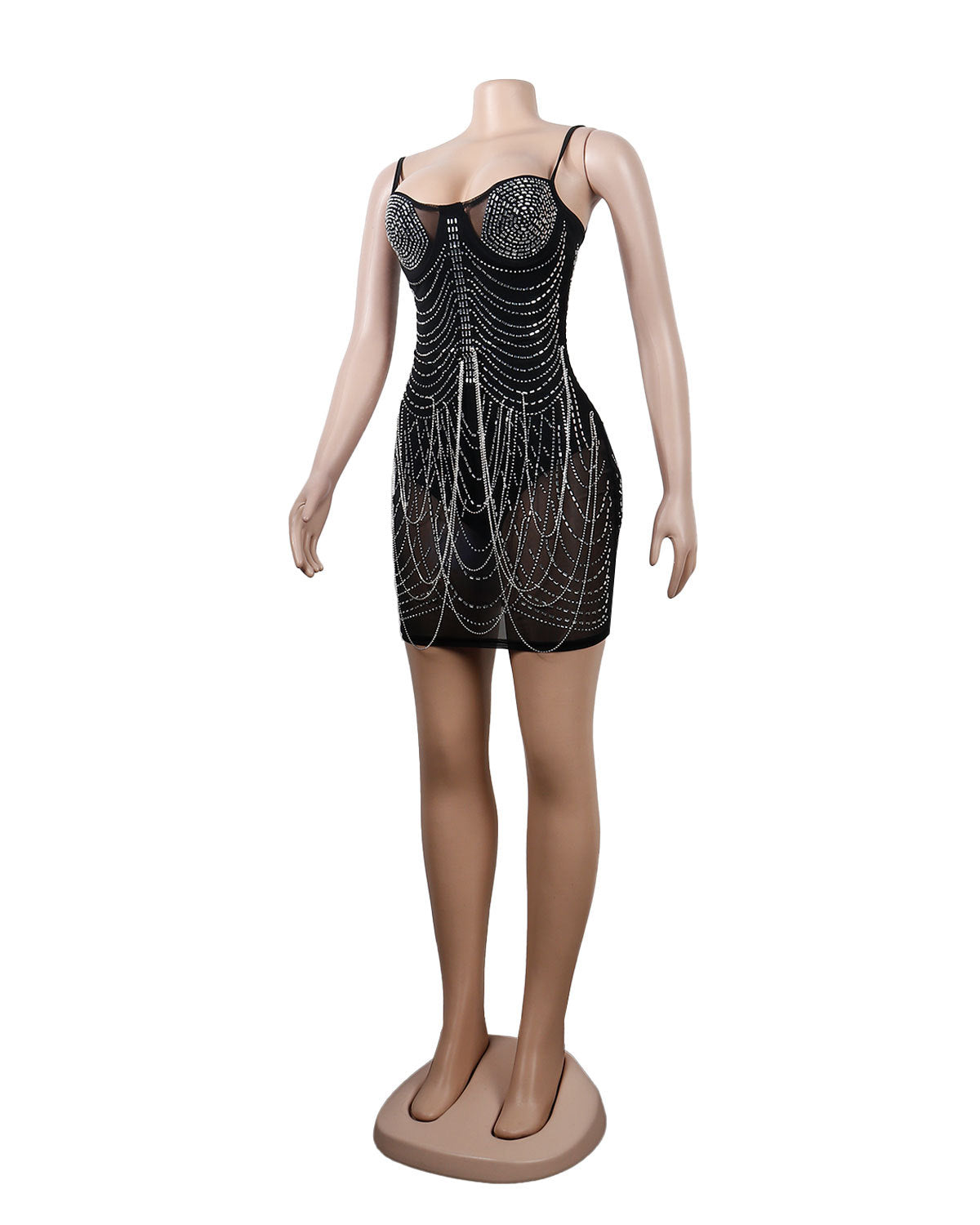 Rhinestone Bust Draped Chain Fringe Tassel Bodycon Mini Dress