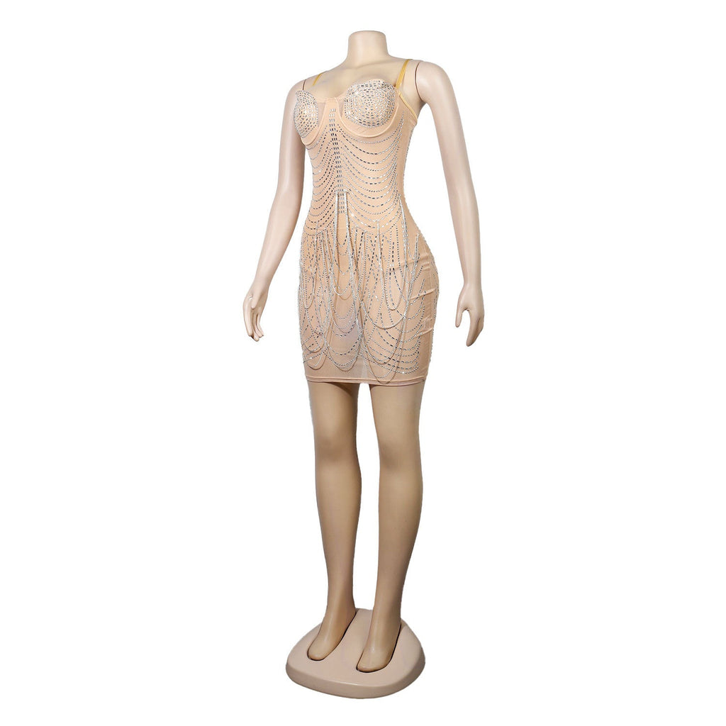 Rhinestone Bust Draped Chain Fringe Tassel Bodycon Mini Dress