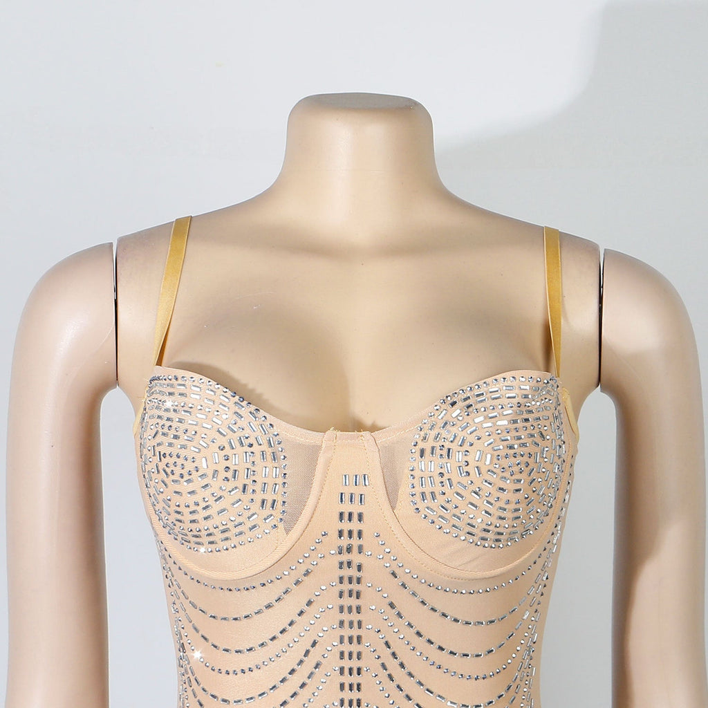 Rhinestone Bust Draped Chain Fringe Tassel Bodycon Mini Dress