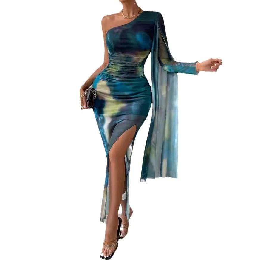 The Ocean Muse One-Shoulder Printed Dress