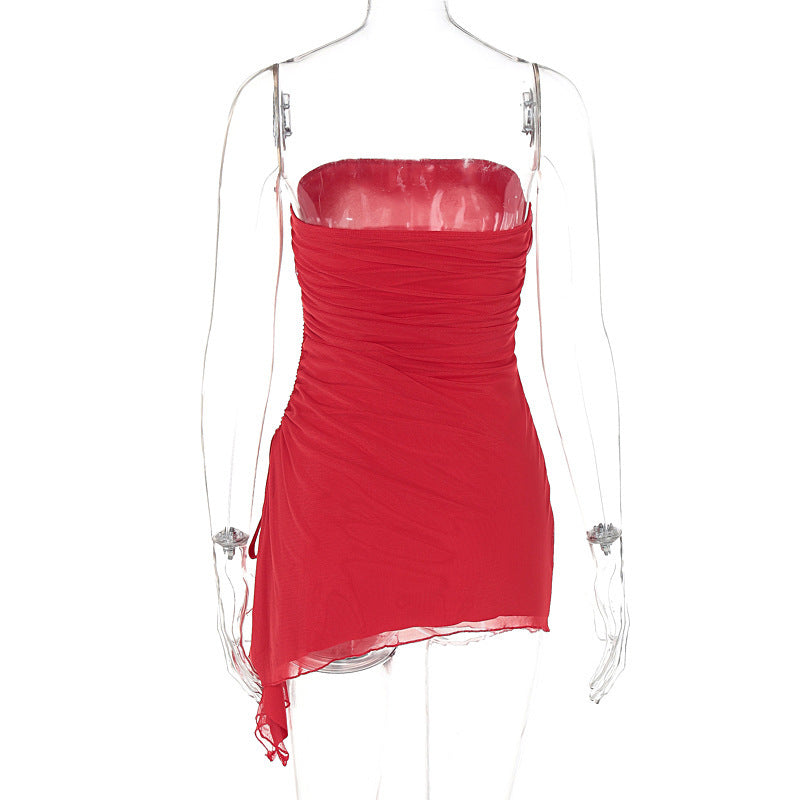 Strapless Ruched Mesh-Hem Backless Mini Dress