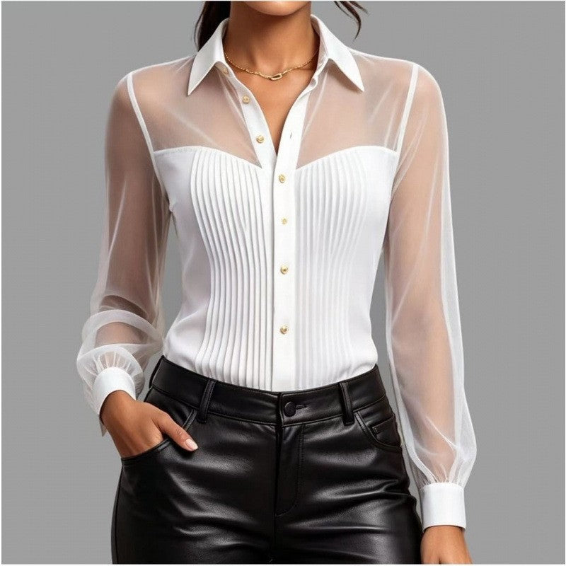The Parisian Poise Sheer-Panel Button-Front Blouse