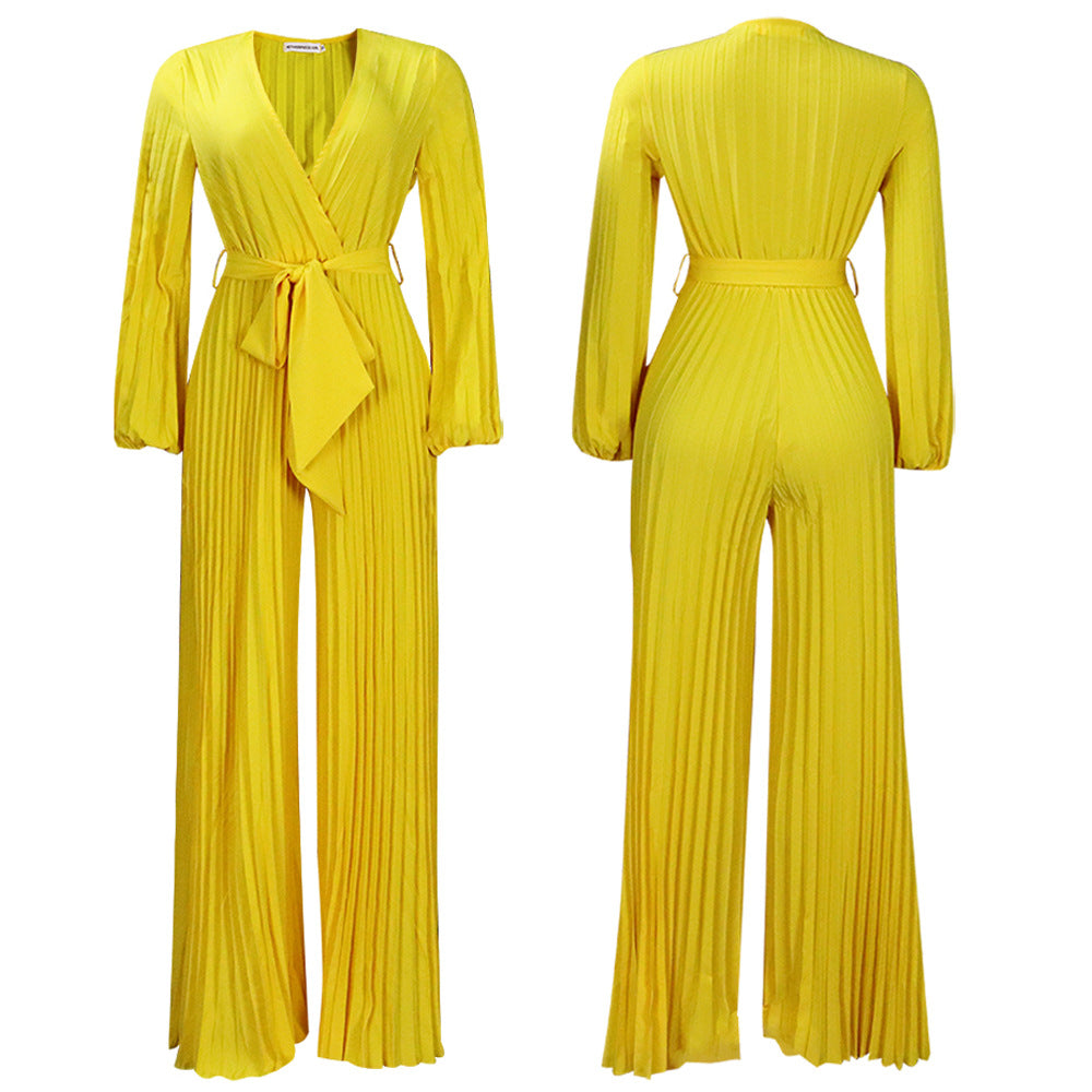 V-neck Lace Up Pleated Wide-leg Plus Size Jumpsuit See size chart under “more details”