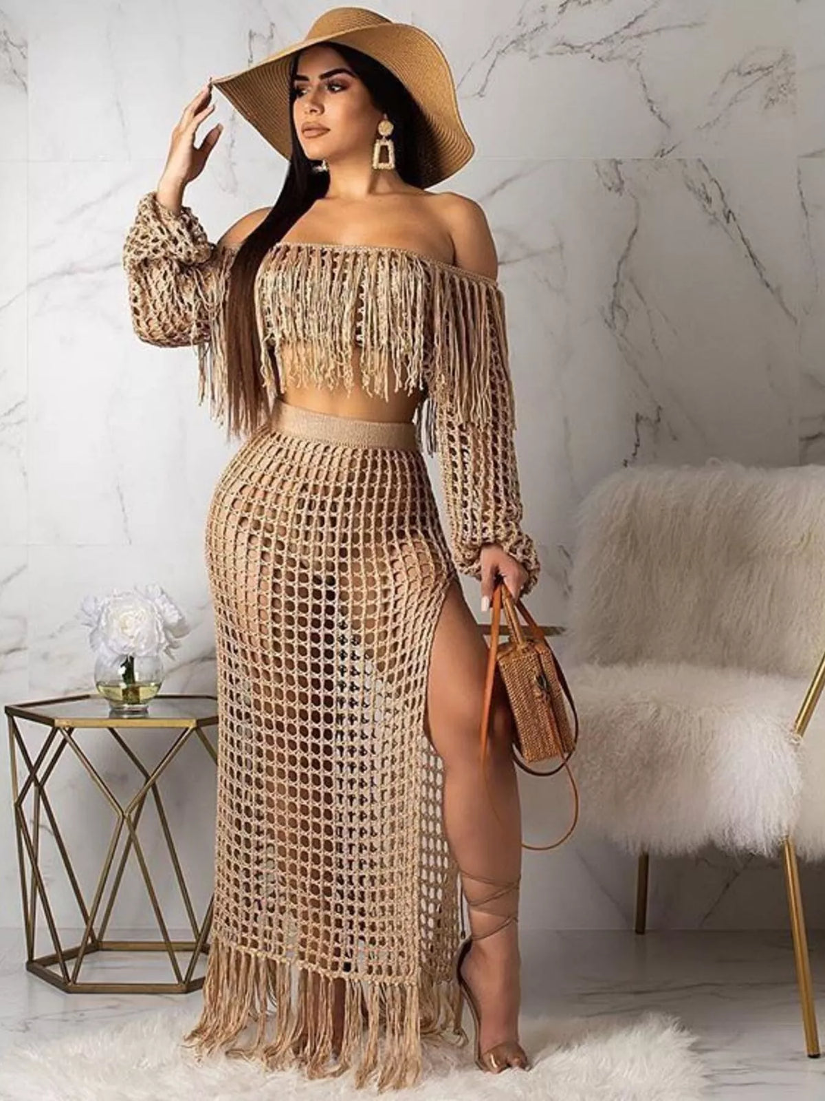 The Coastal Fringe Crochet Skirt Set