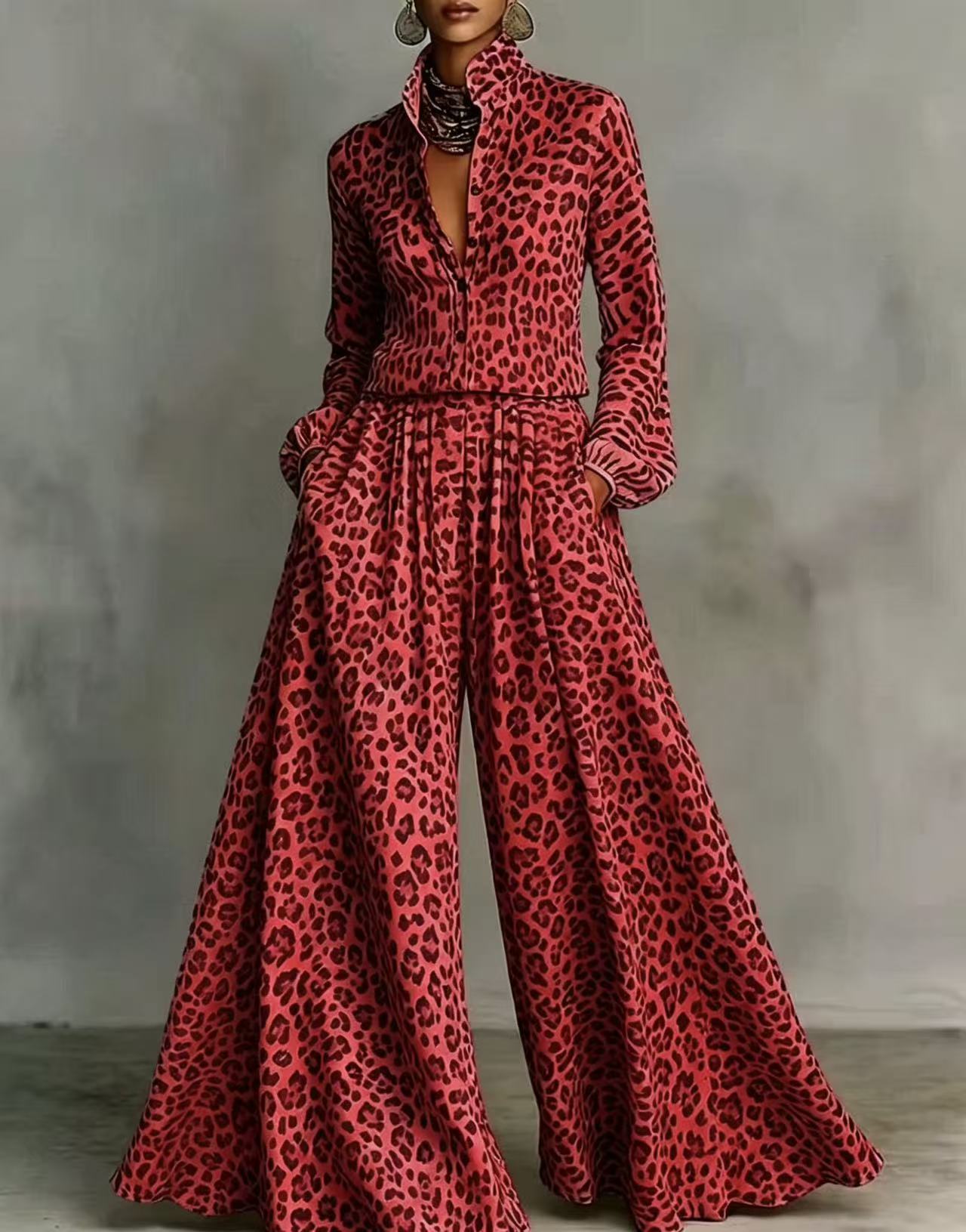 Leopard Print Wide-Leg Pants Set | Women's Two-Piece Long Sleeve Outfit