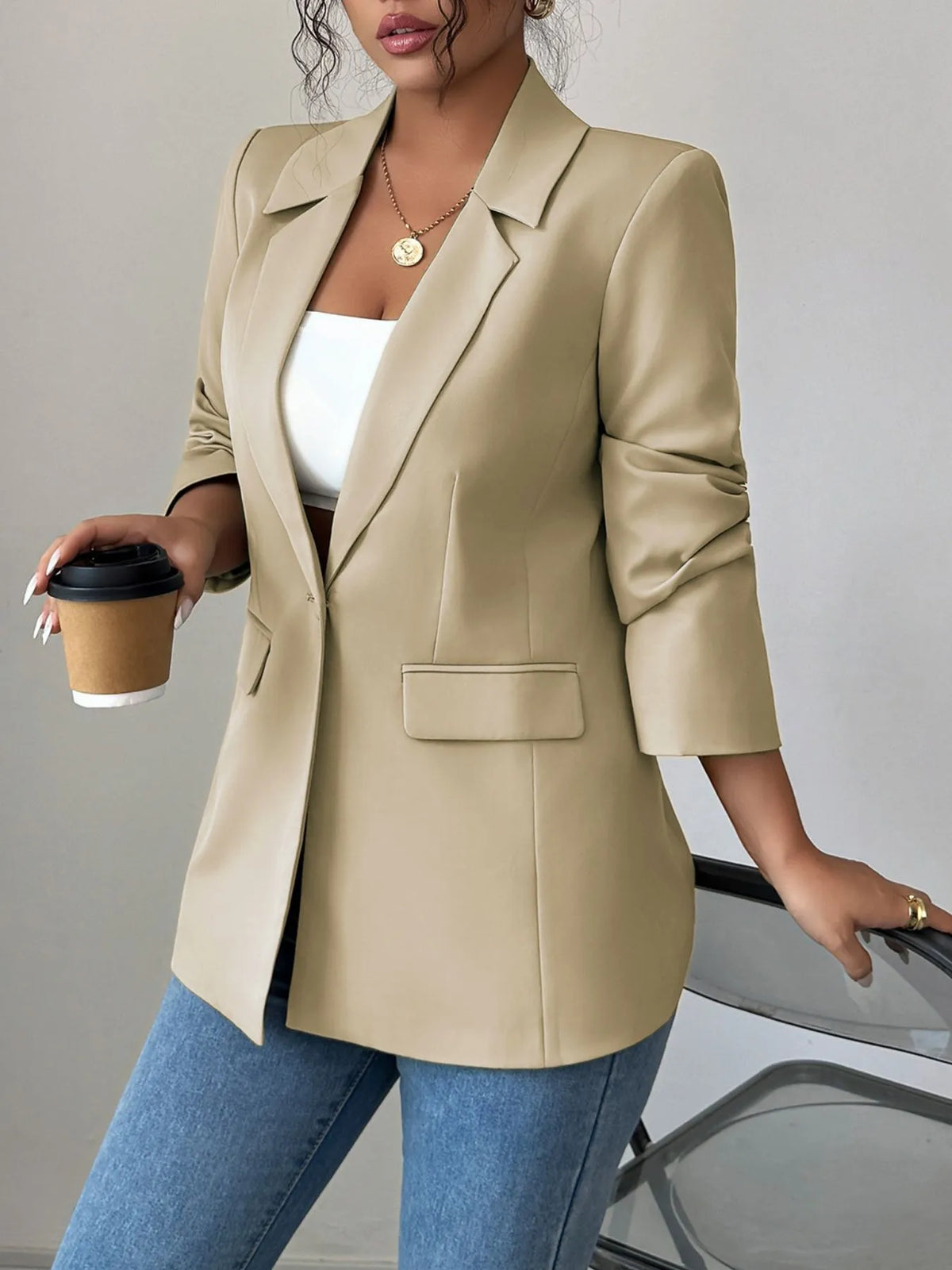 One Button Lapel Collar Blazer