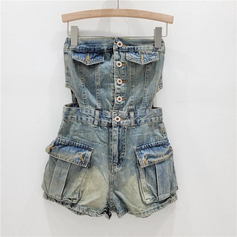 The Denim District Strapless Cutout Romper