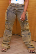 Distressed Washed Denim Cargo Jeans | Multi-Pocket Wide Leg