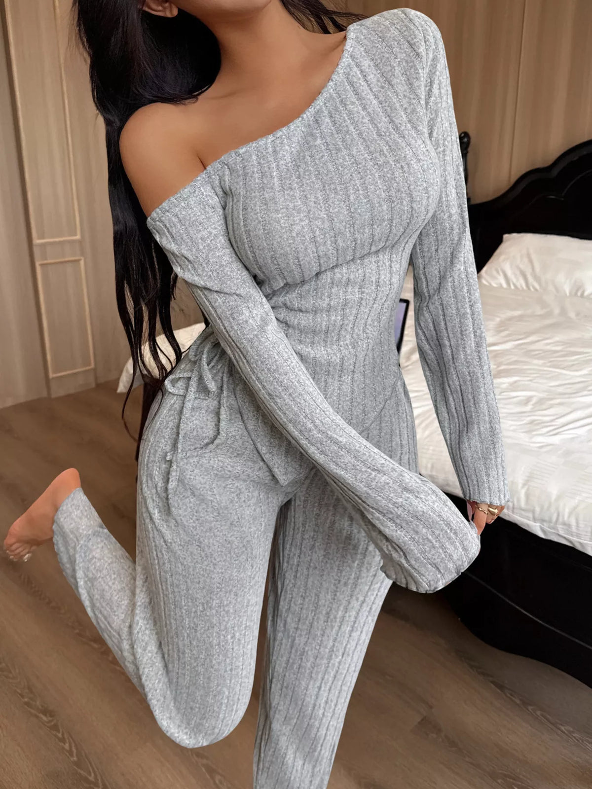 The Lounge Liaison One-Shoulder Ribbed Pants Set