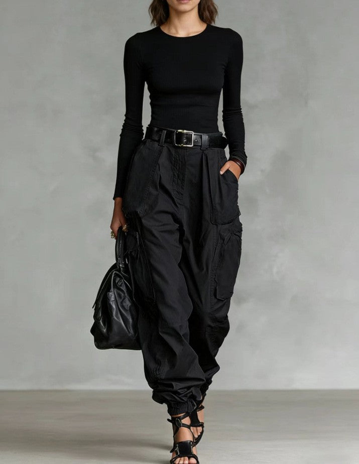 High-Waist Cargo Jogger Pants | Balloon Fit Side Pockets Gathered Ankle