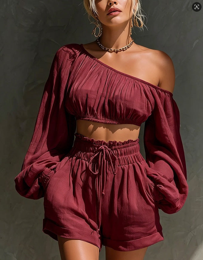 The Boho One-Shoulder Ruched Short Set