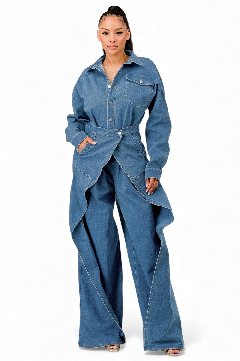 Draped Denim Wide-Leg Jumpsuit