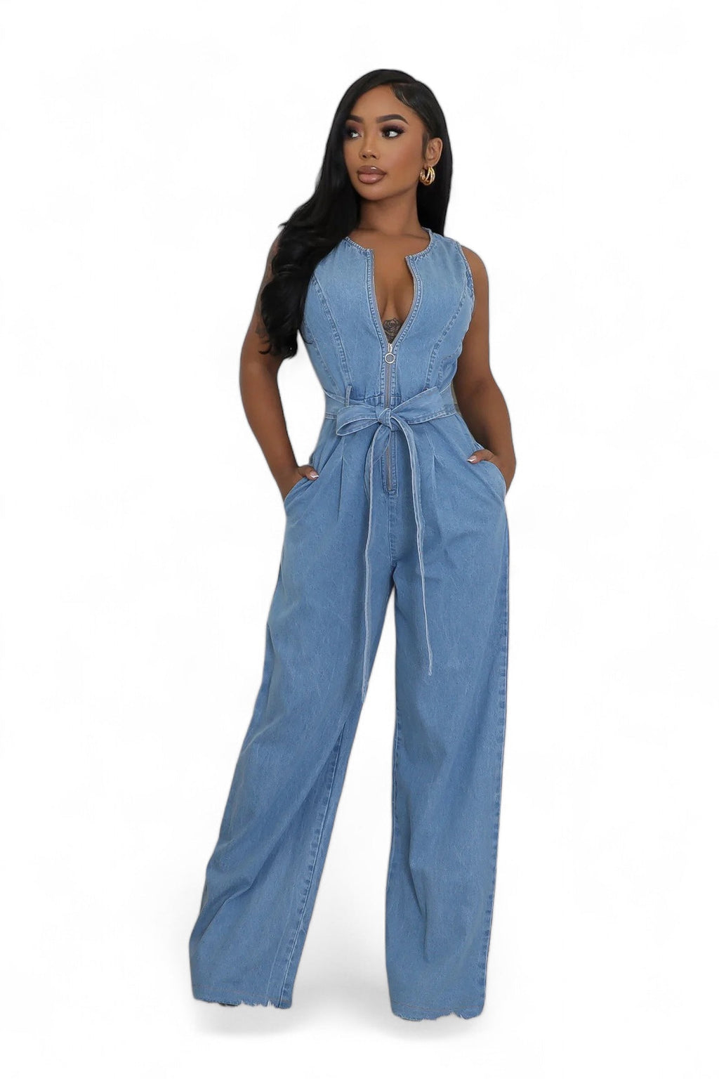 Denim Zipper Wide-Leg Jumpsuit