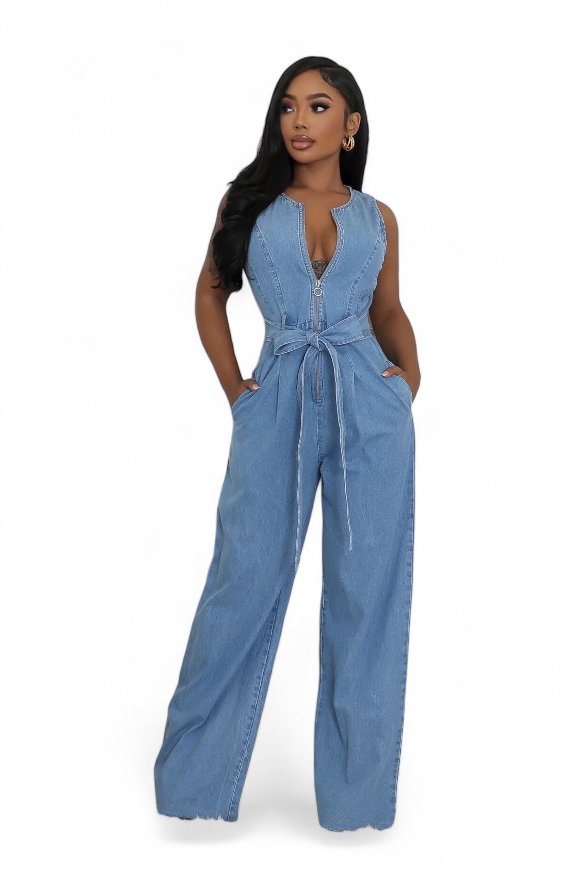 Denim Zipper Wide-Leg Jumpsuit