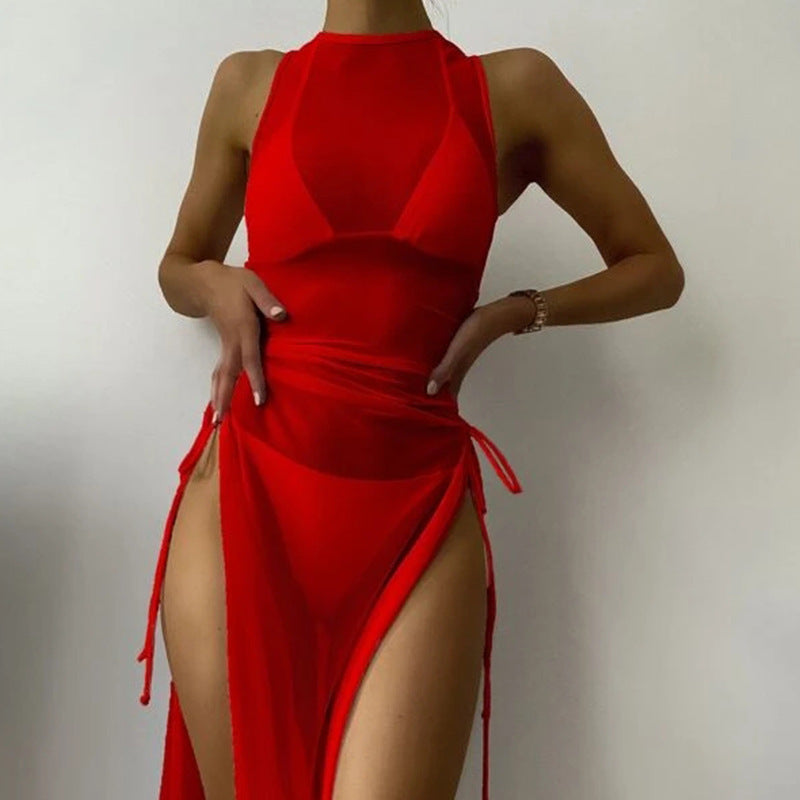 Solid Color Bikini Set with Maxi Dress Cover-Up | Women's Three-Piece Swimwear