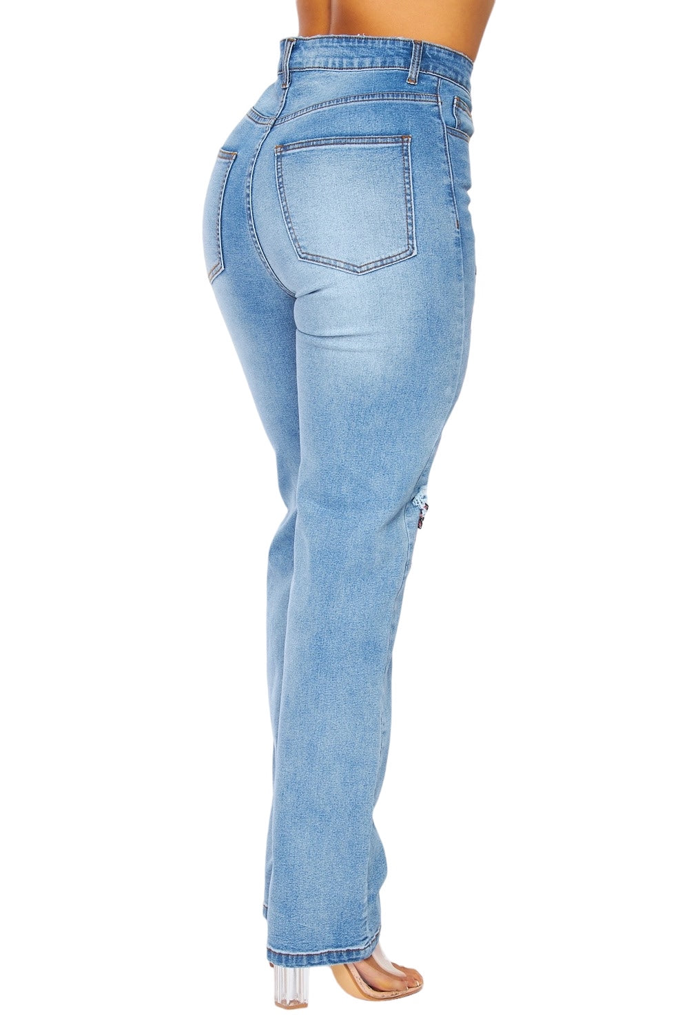Graphic Patch Exposed Knee Straight-Leg Jeans