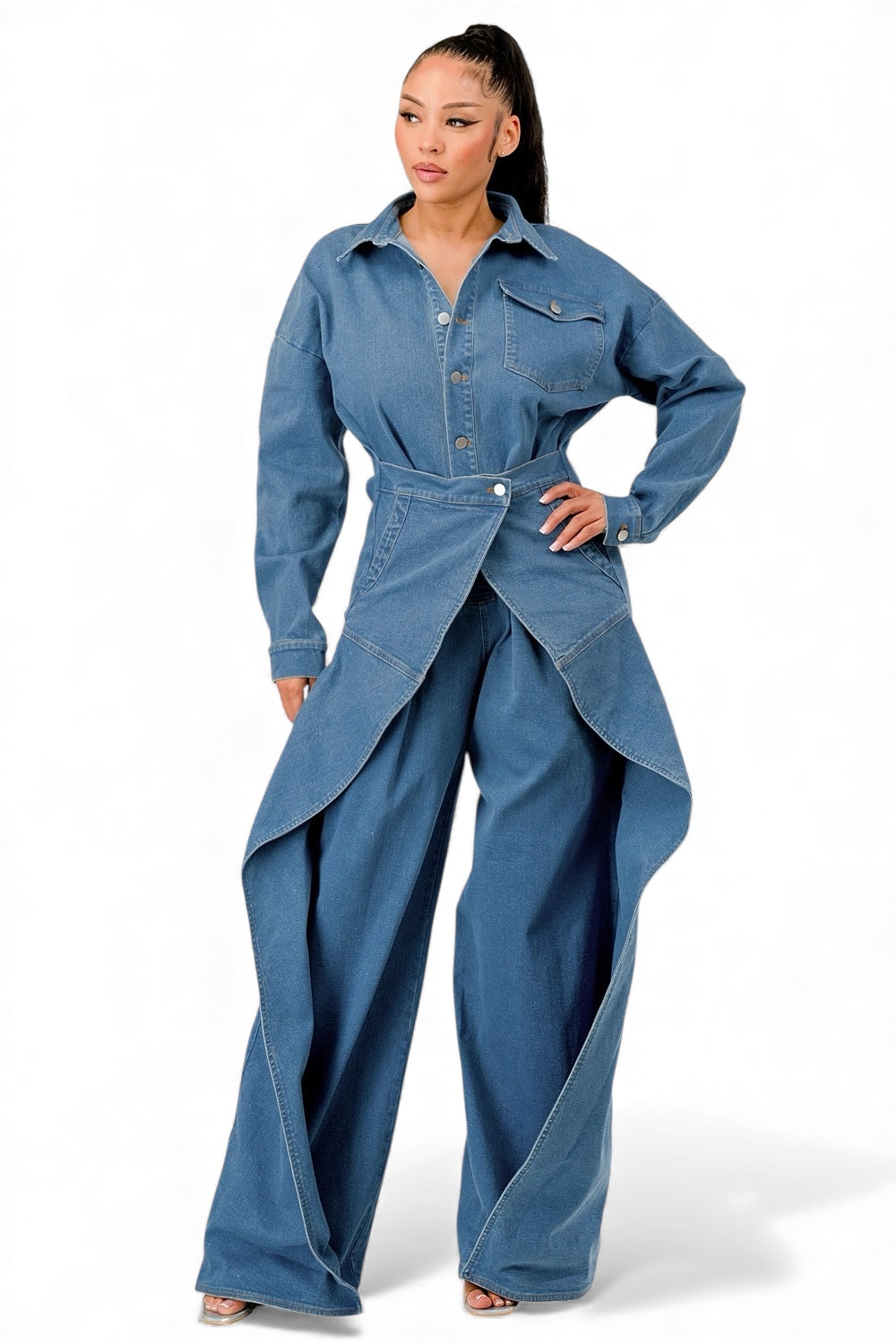 Draped Denim Wide-Leg Jumpsuit