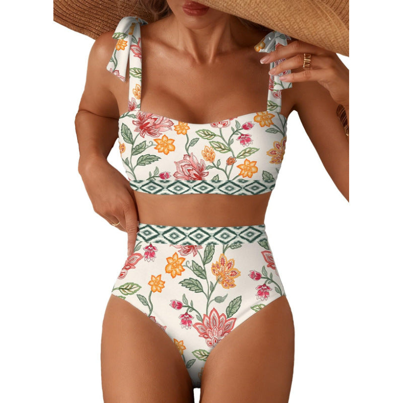 Tie-Shoulder High-Waisted Bikini Set | Women's Two-Piece Swimsuit