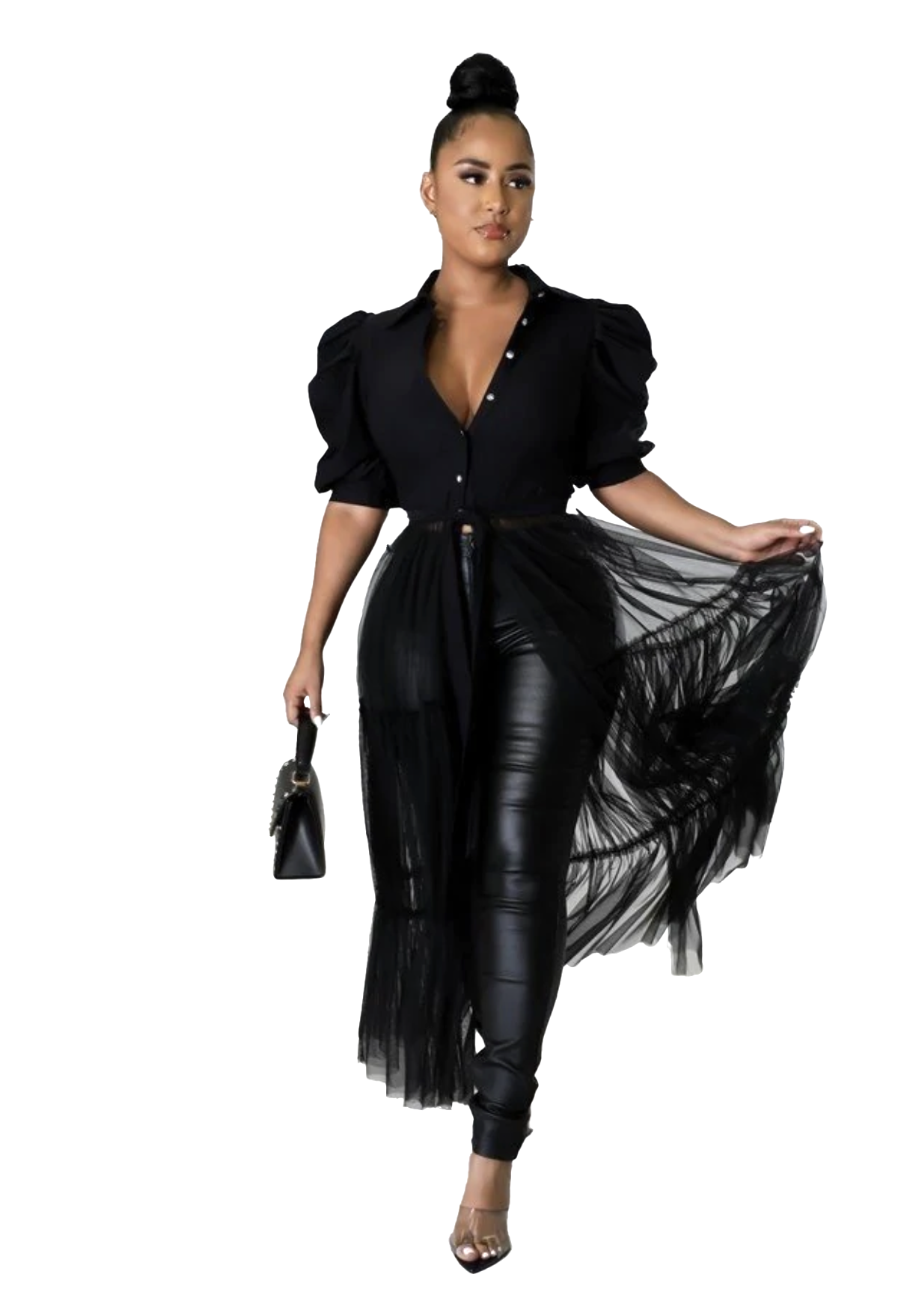 Puff Sleeve Button-Up Top & Tiered Sheer Tulle Maxi Skirt Set