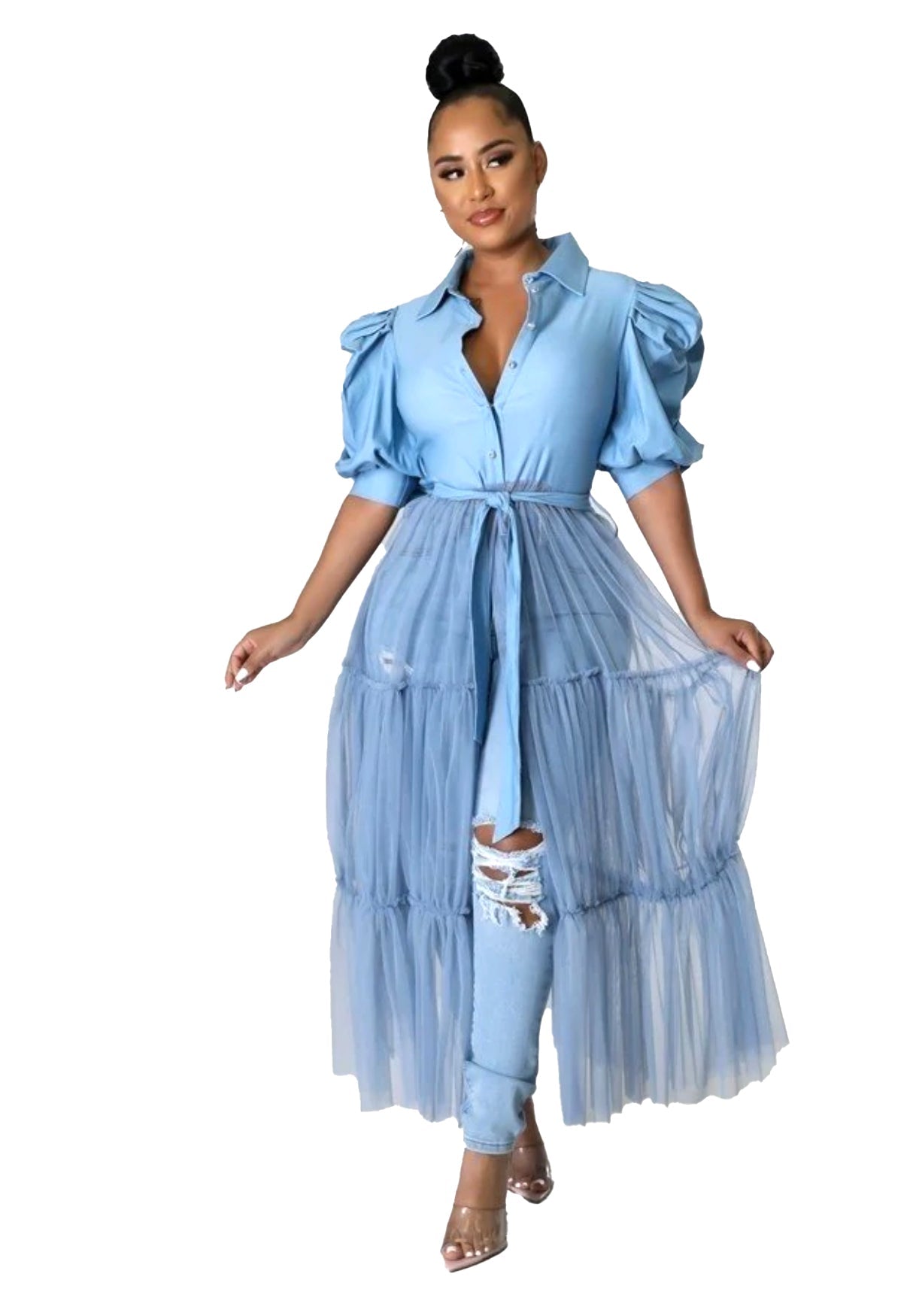 Puff Sleeve Button-Up Top & Tiered Sheer Tulle Maxi Skirt Set