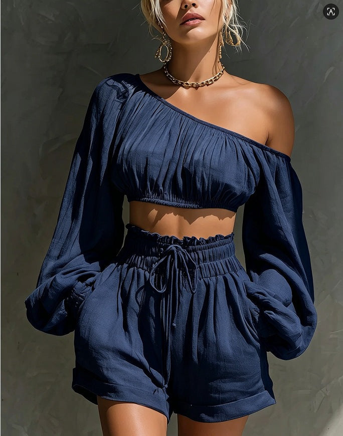 The Boho One-Shoulder Ruched Short Set