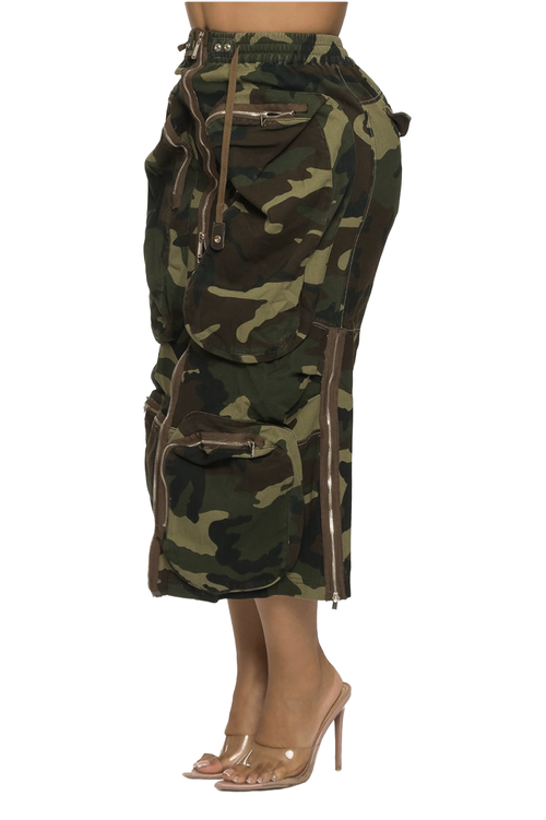 Camo Multi-Zip Cargo Midi Skirt
