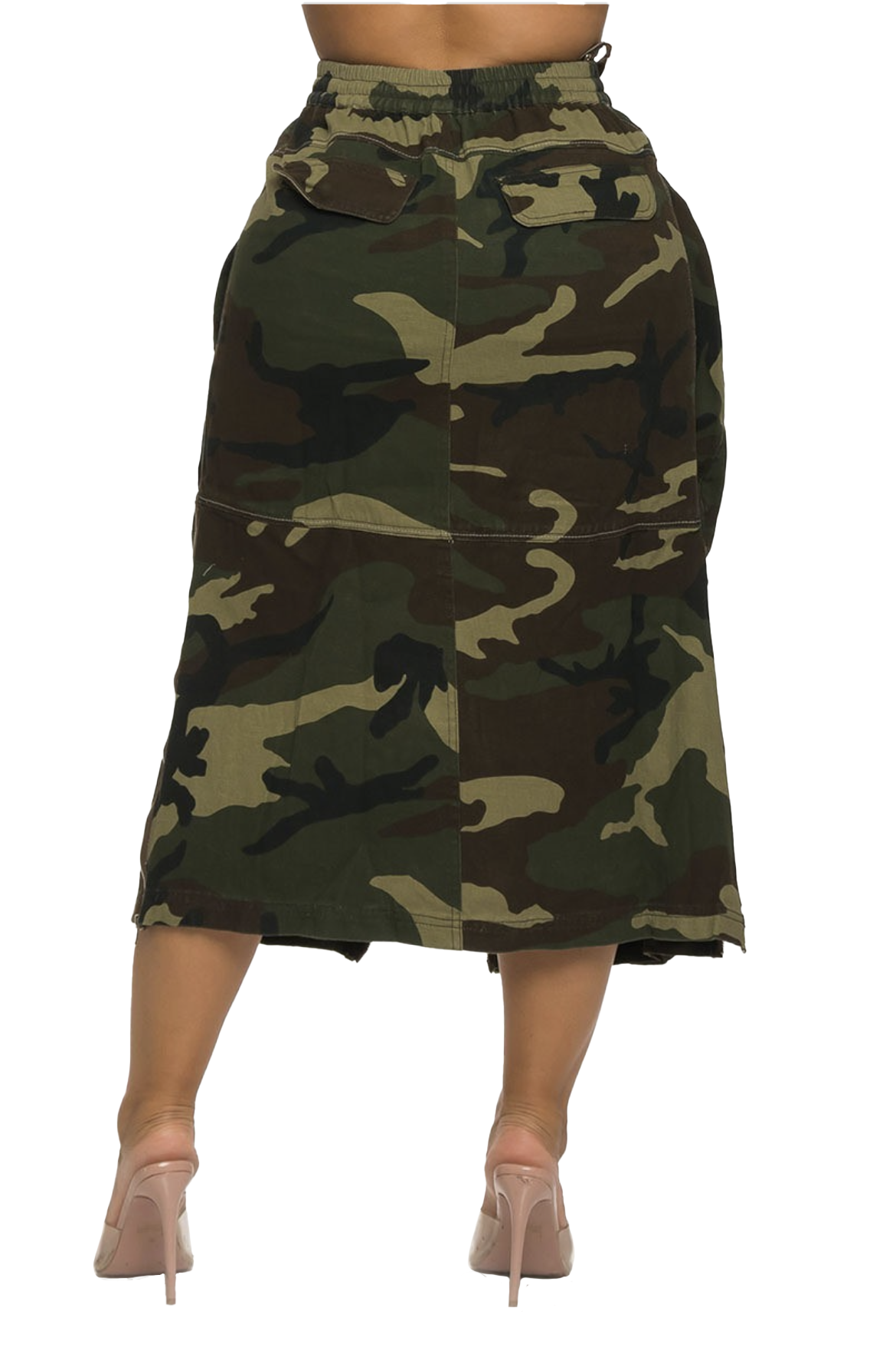 Camo Multi-Zip Cargo Midi Skirt