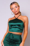 Satin Cross-Halter Neck Darted Crop Top