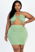 Plus Size Women’s Crisscross Halter Top & Ruched Mini Skirt Set