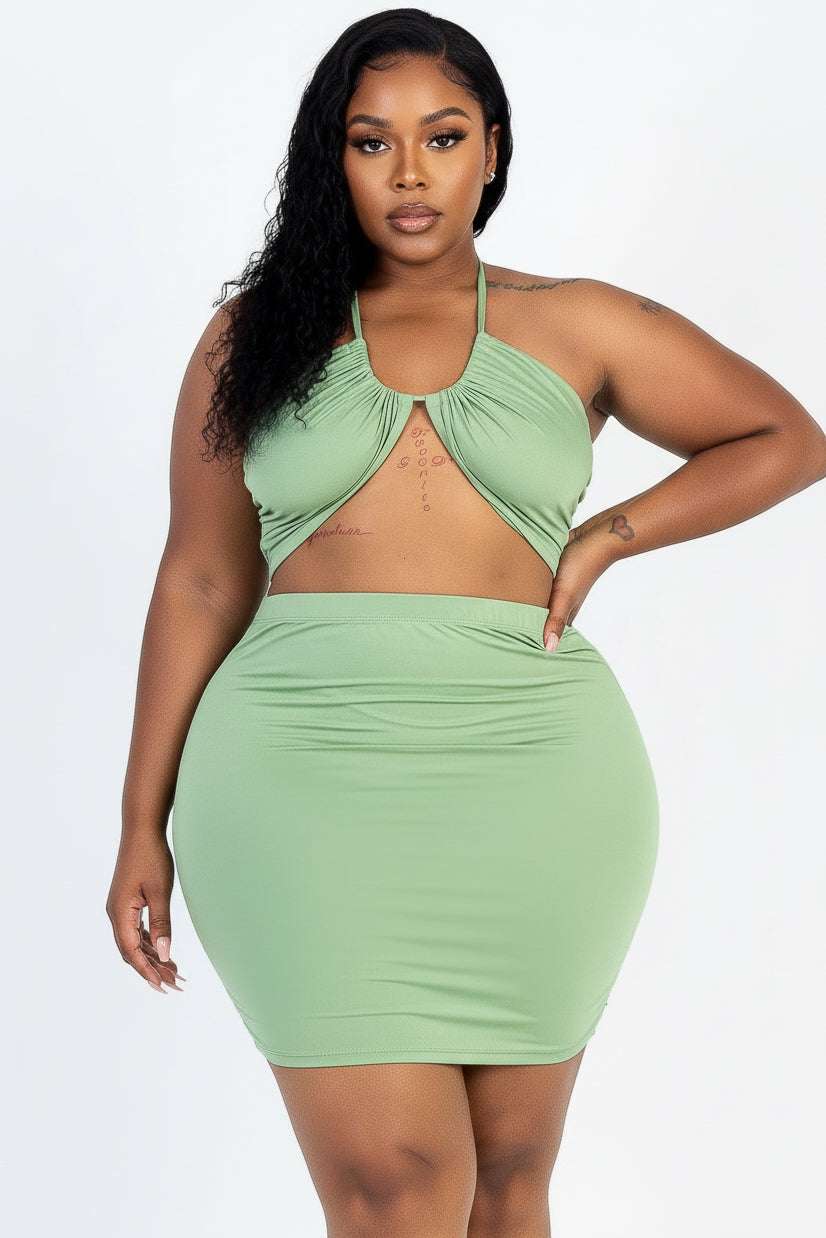 Plus Size Women’s Crisscross Halter Top & Ruched Mini Skirt Set