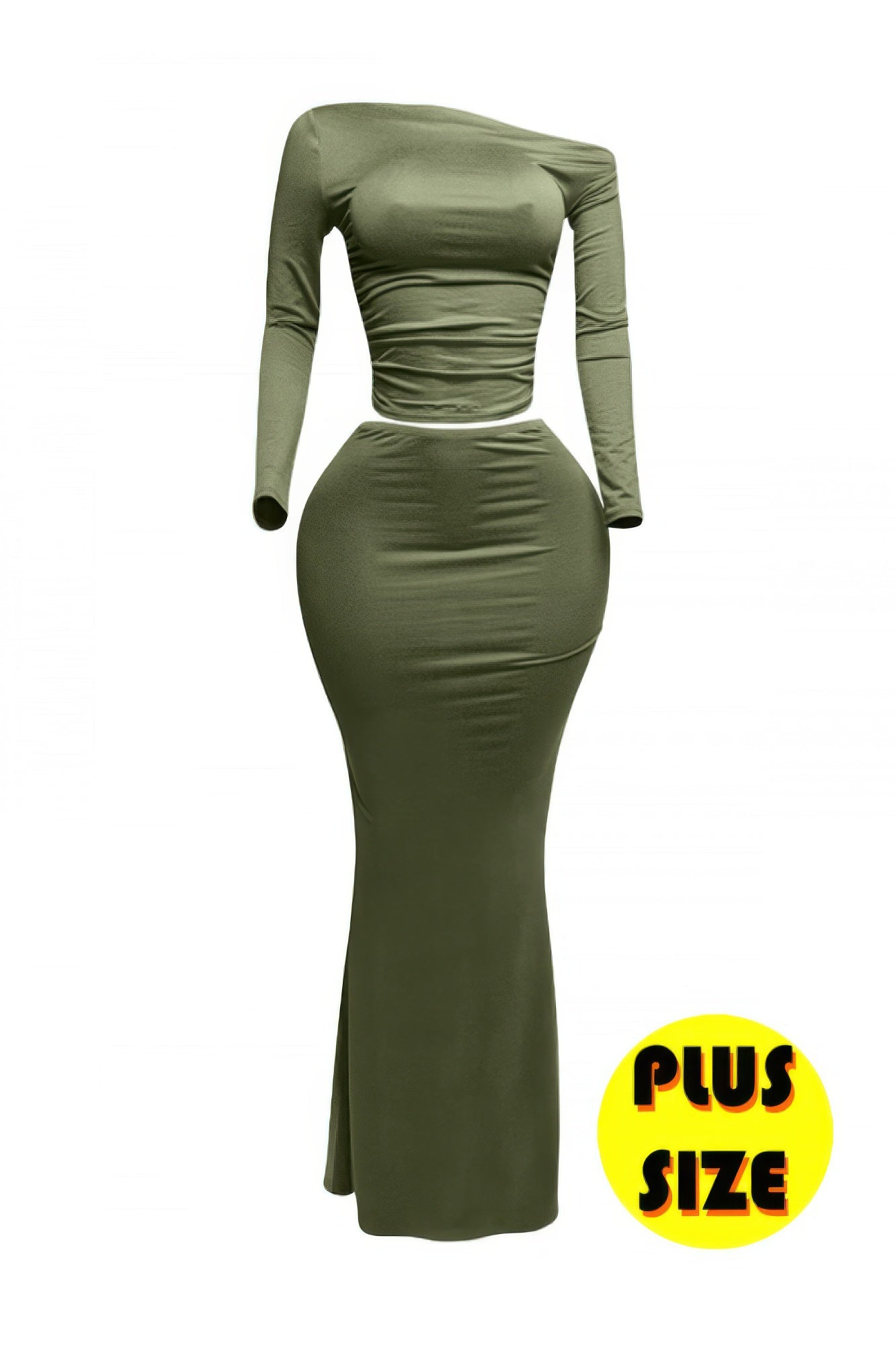 Plus Size Women’s One Side Off Shoulder Top & Skirt Set, Green