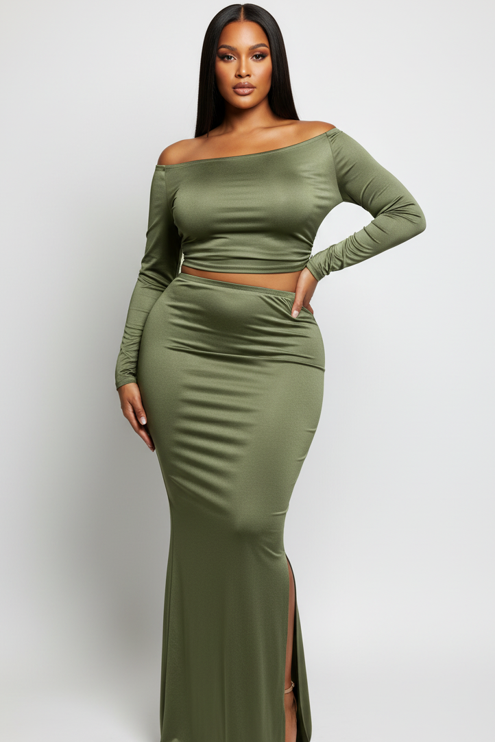 Plus Size Women’s One Side Off Shoulder Top & Skirt Set, Green