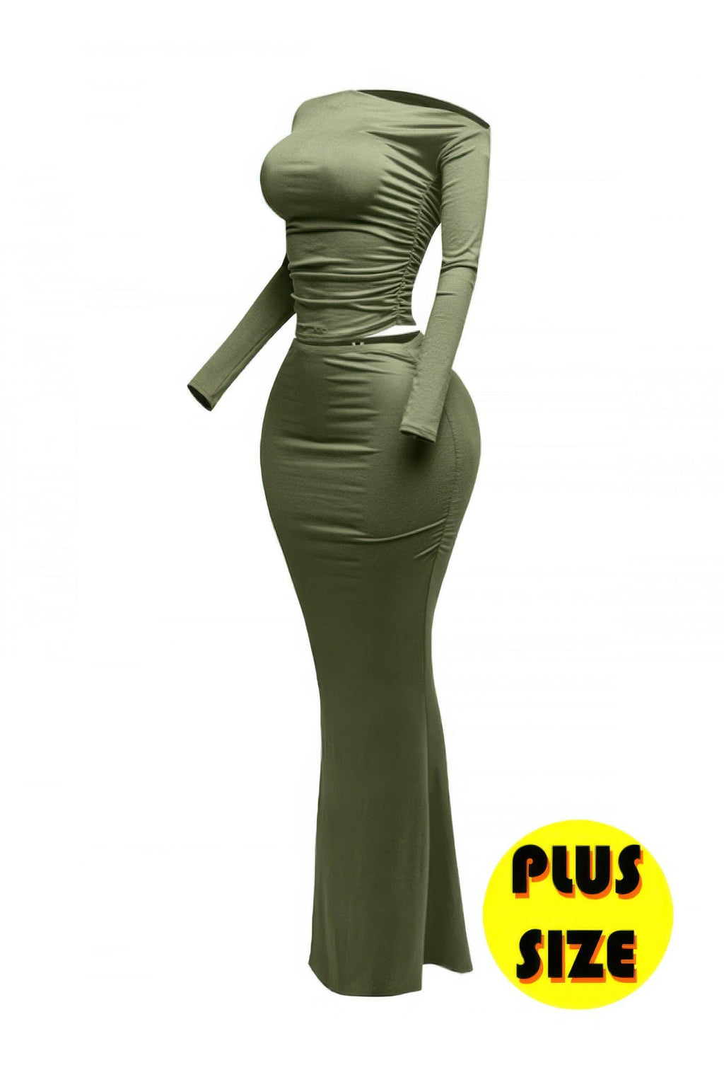 Plus Size Women’s One Side Off Shoulder Top & Skirt Set, Green