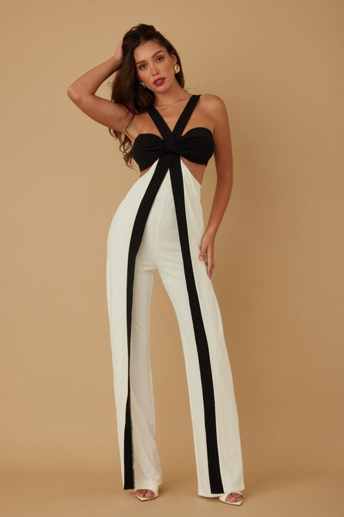 Black & White X-Cross Ribbon Bandeau Jumpsuit | Open Midriff & Wide-Leg Racing Stripe