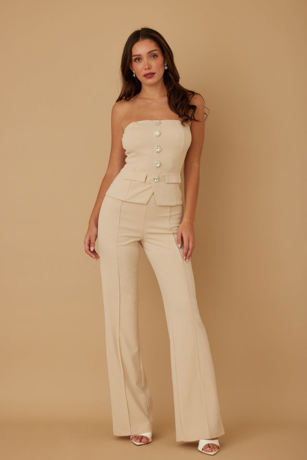 Crystal Button Strapless Peplum Top & Wide-Leg Trouser Set | Beige