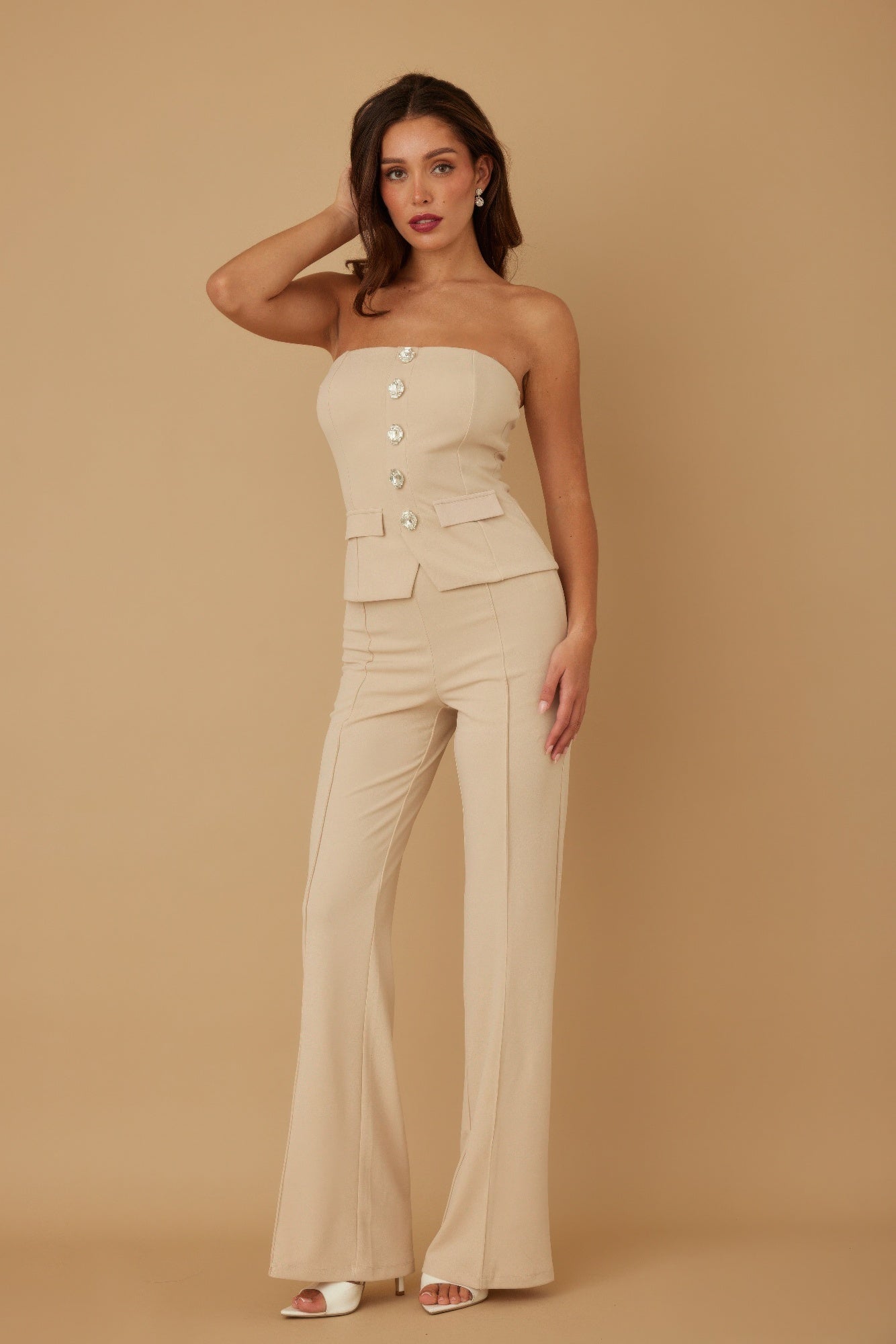 Crystal Button Strapless Peplum Top & Wide-Leg Trouser Set | Beige