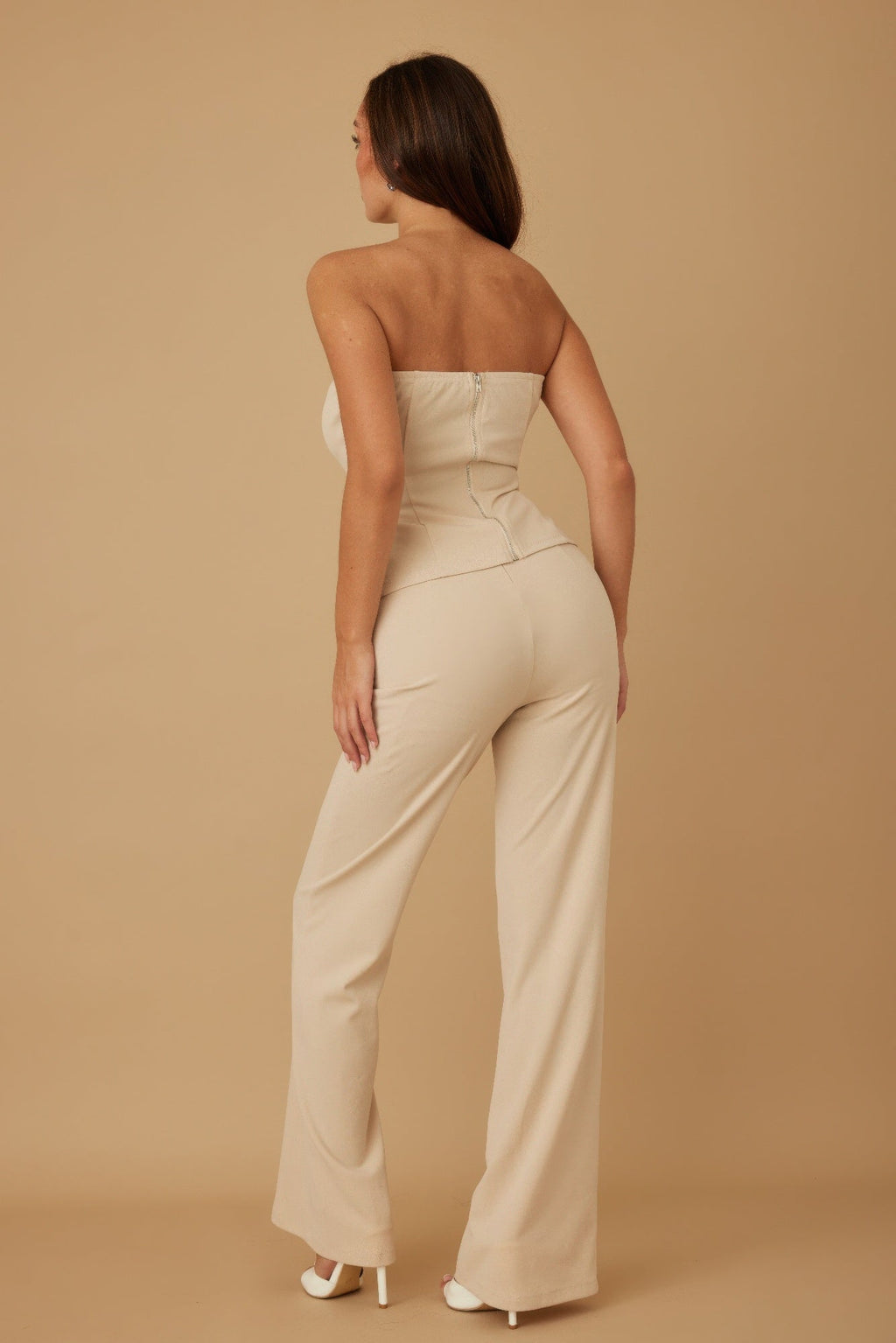 Crystal Button Strapless Peplum Top & Wide-Leg Trouser Set | Beige