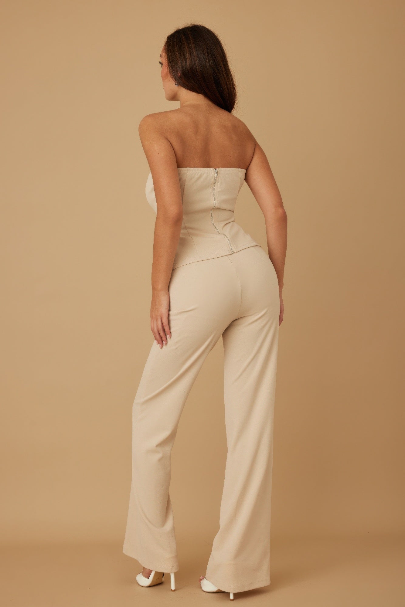 Crystal Button Strapless Peplum Top & Wide-Leg Trouser Set | Beige