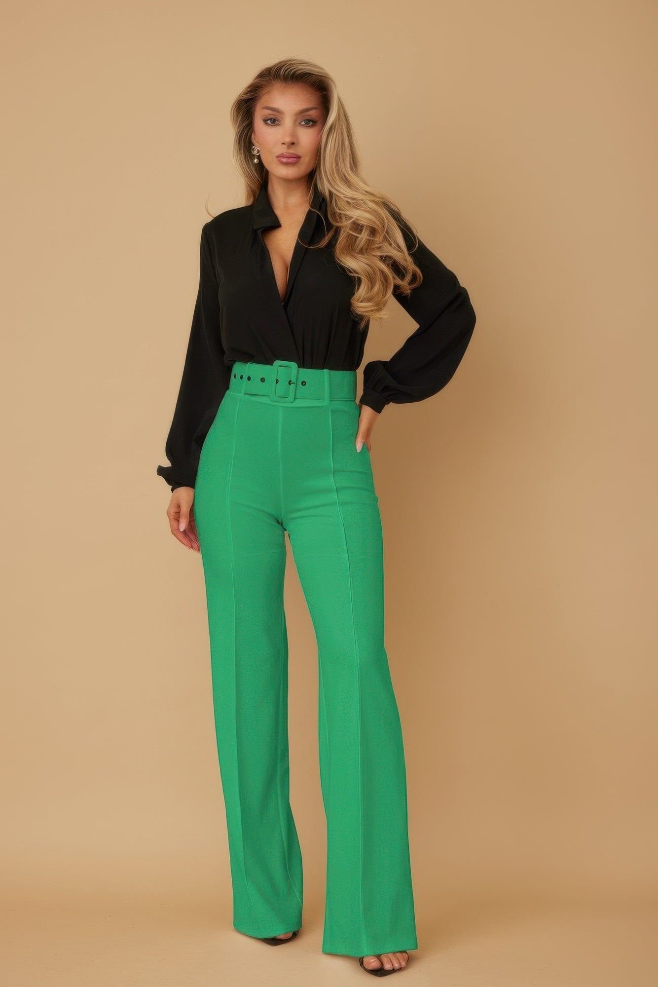 High-Waist Belted Wide-Leg Trousers | Matching Buckle Belt & Flared Leg