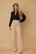 High-Waist Wide-Leg Flare Trousers with Matching Buckle Belt | Tailored & Polished