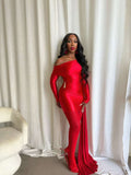 Asymmetric One-Shoulder Long Sleeve Slim-Fit Bodycon Maxi Gown with Side Train