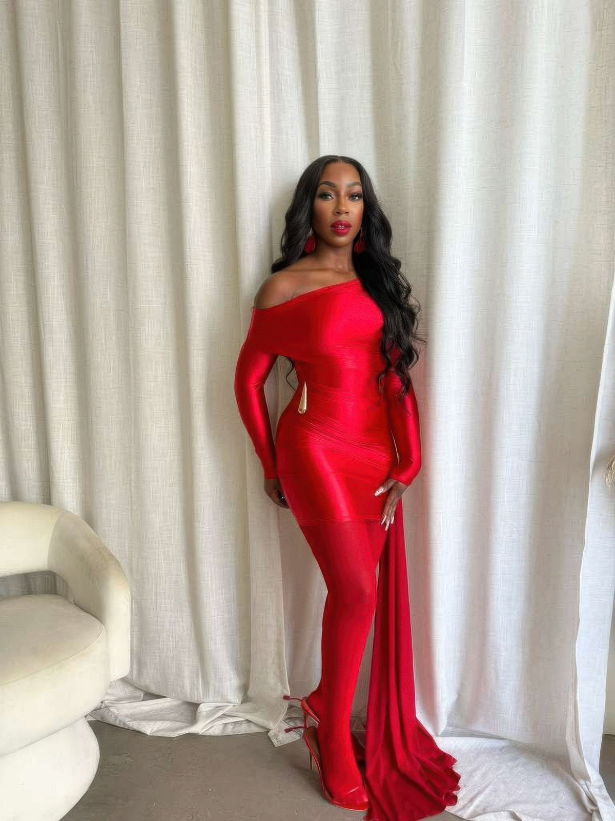 Asymmetric One-Shoulder Long Sleeve Slim-Fit Bodycon Maxi Gown with Side Train