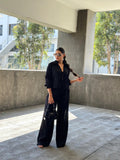 Collared Front-Tie Blouse & Wide-Leg Trousers Two-Piece Set | Fluid Drape